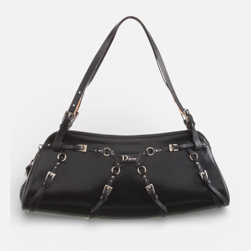 RARE Auth Dior Black Patent Leather Y2K Bondage 2003 Galliano shoulder Bag